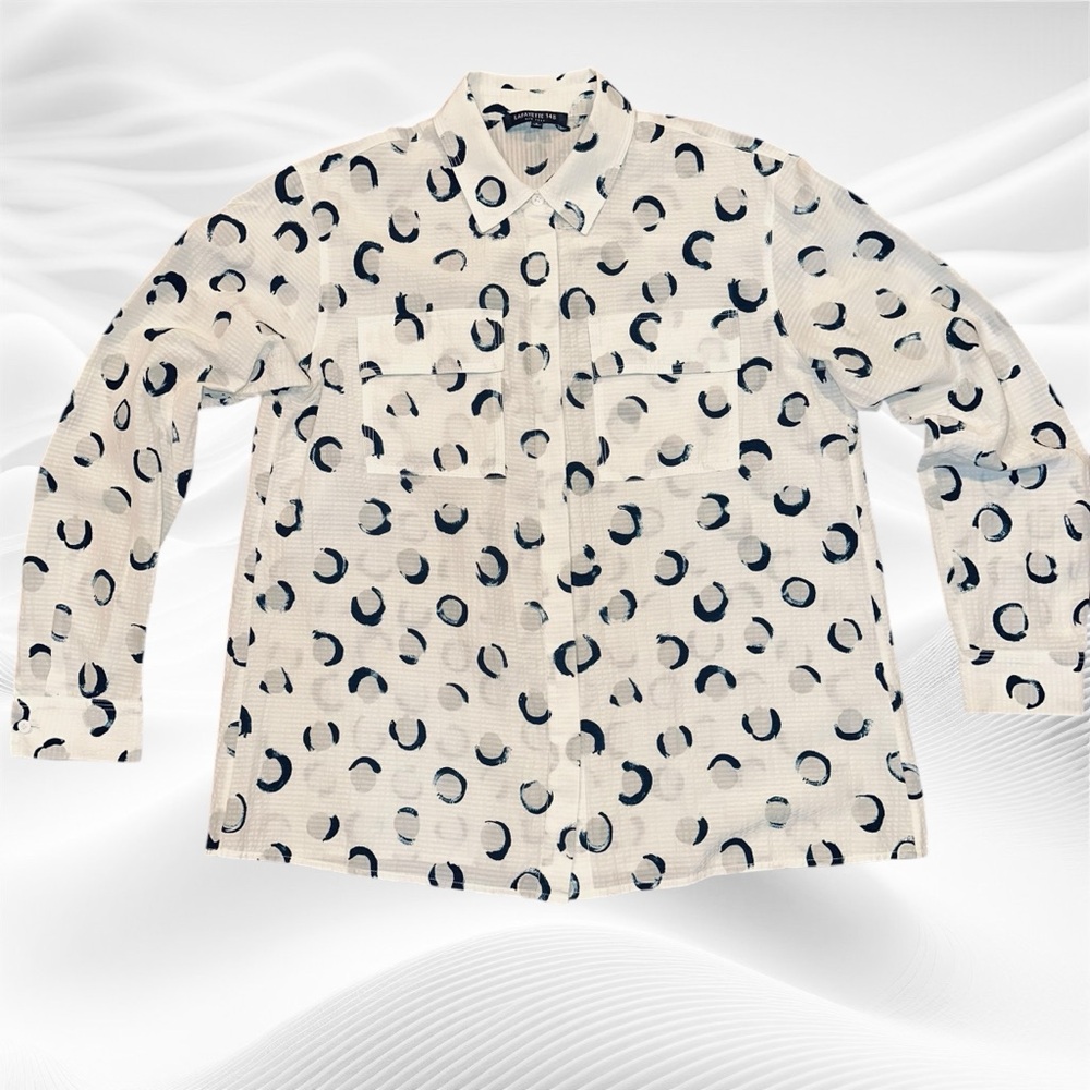 Lafayette 148 New York Zora Silk Long Sleeve Blouse, Button front S Cream Navy - Picture 3 of 8
